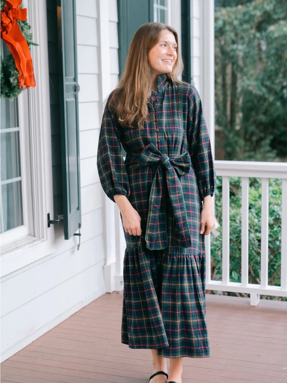 NWT Victoria Dunn Evergreen and Red Plaid Button-Front Tie Waist Dress